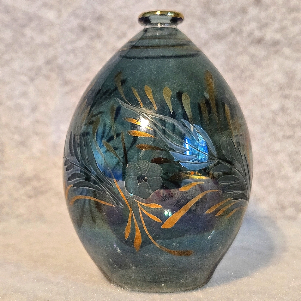 VTG Aqua Blue Handblown Glass Bottle Bud Vase w Golden Etched Floral Pattern EVC